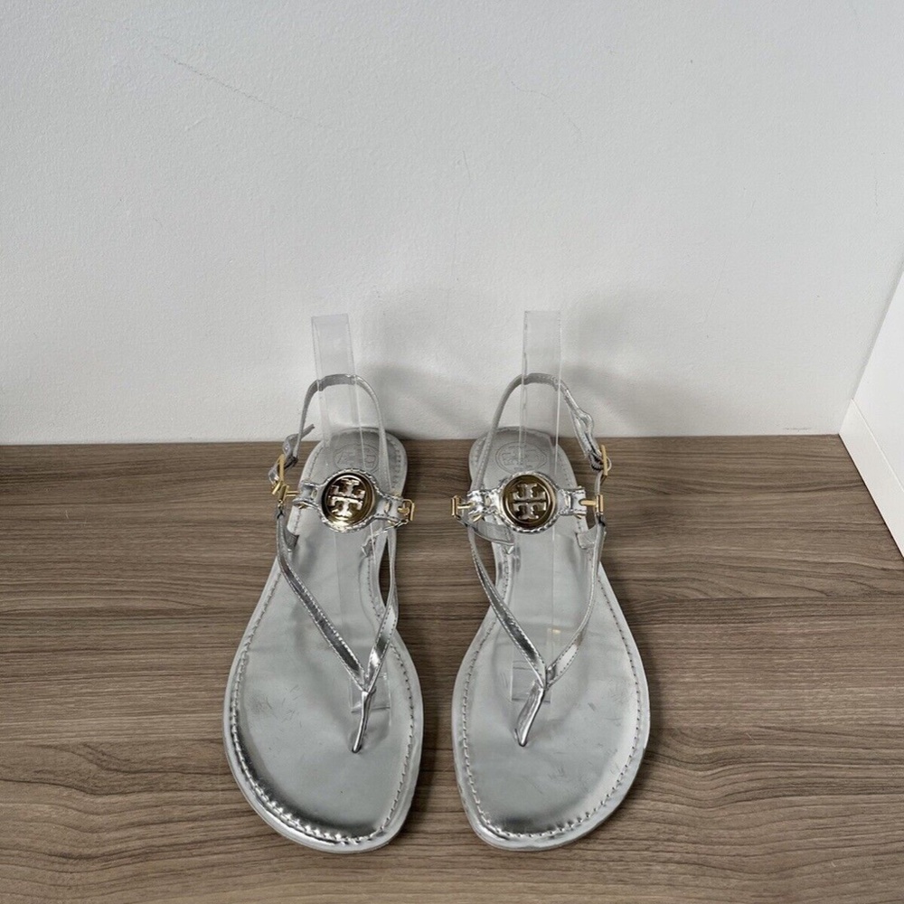 Tory Burch Metallic Silver Leather 'Ali' Thong Sandals Size 41 / 11US